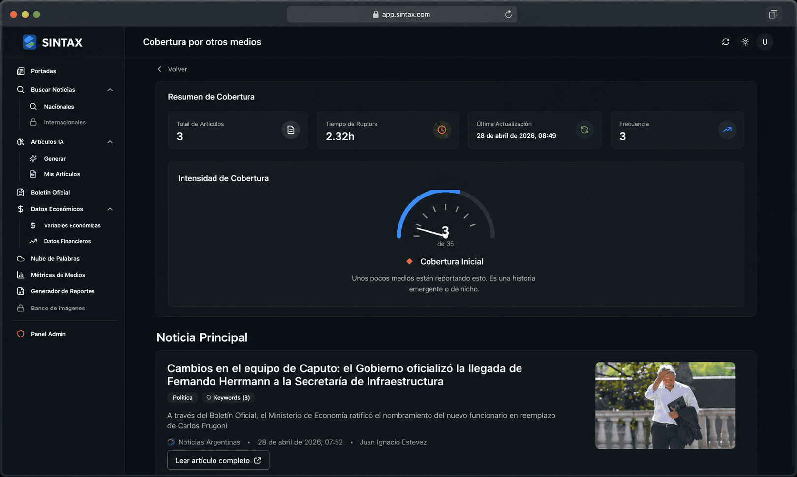 Análisis de cobertura de medios argentinos generado con IA en Sintax