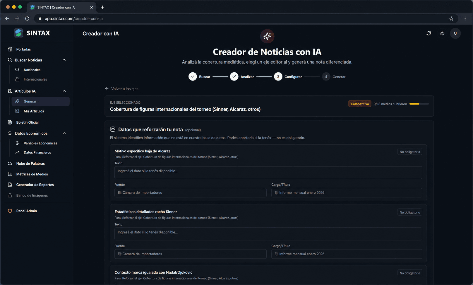Panel de configuración del generador de notas con IA: estilo y fuentes propias