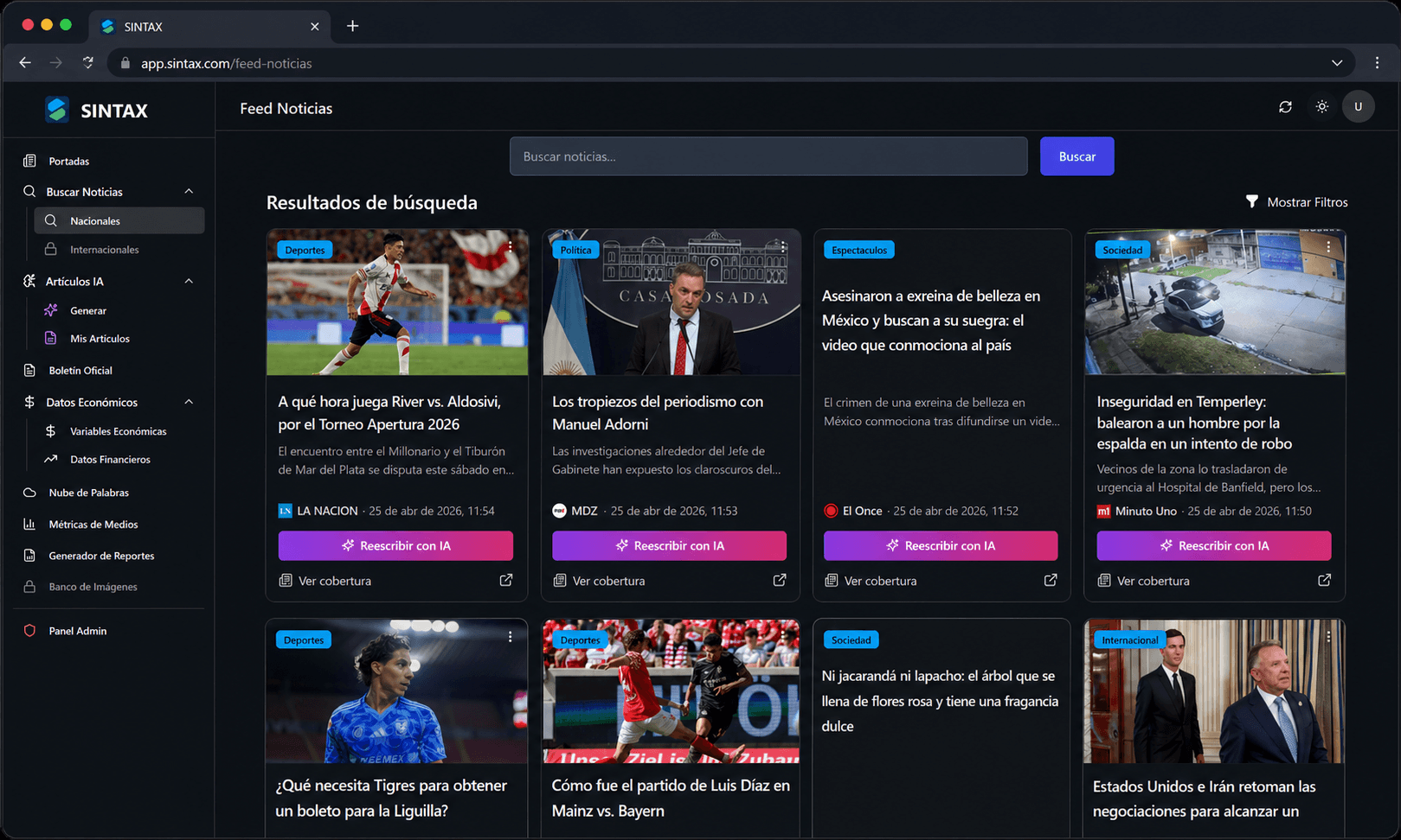 Resultados de cobertura de medios argentinos al buscar un tema en Sintax