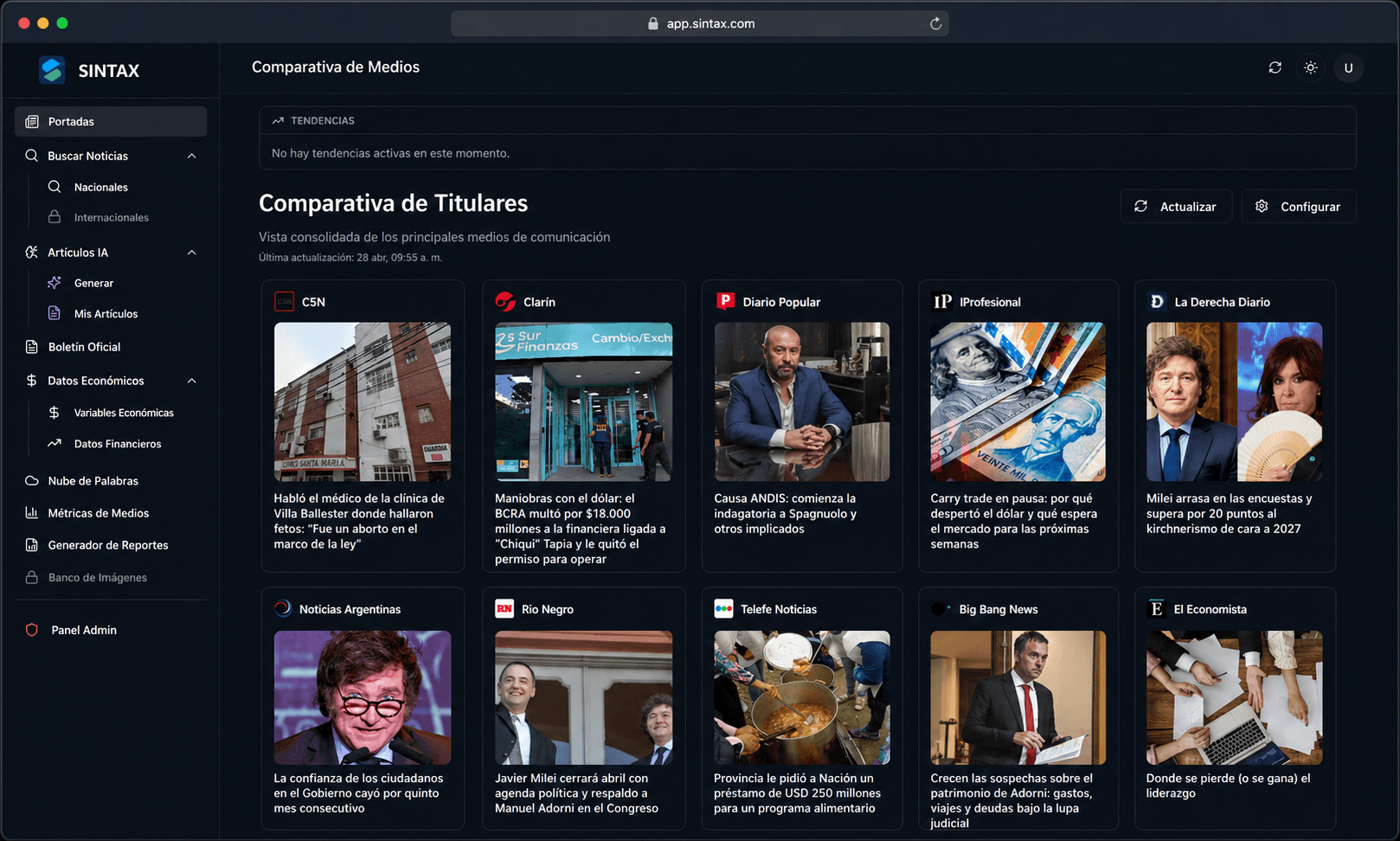 Portadas de medios argentinos monitoreados en tiempo real por Sintax