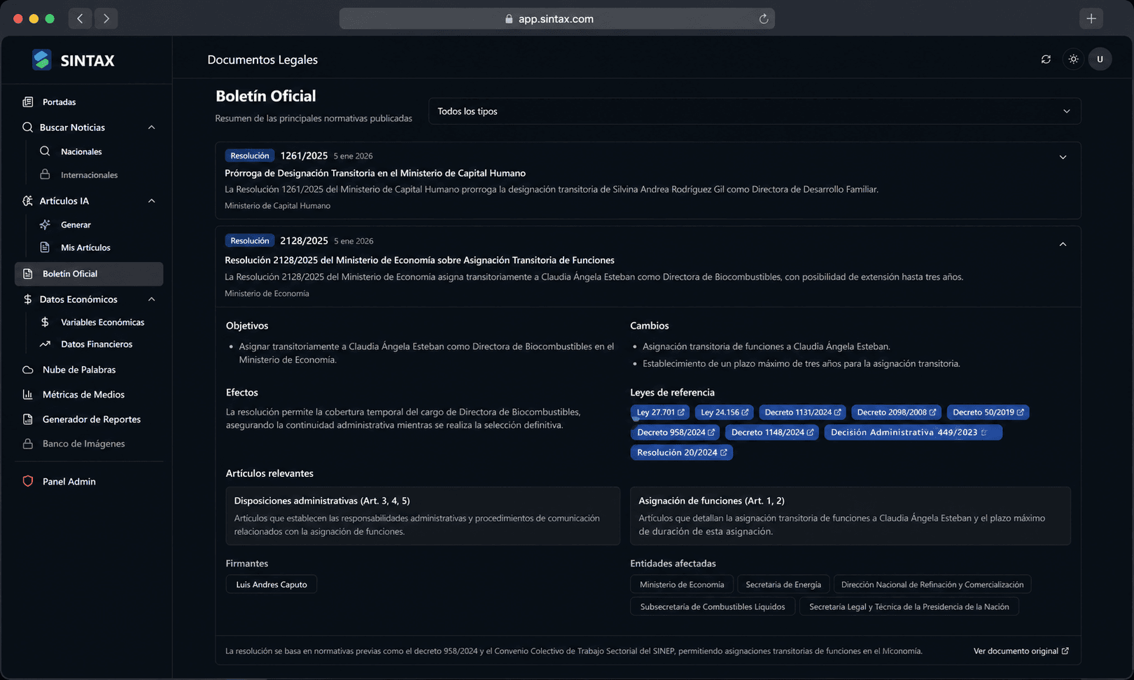 Resumen diario del Boletín Oficial argentino clasificado por sector e impacto